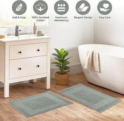 Superior Heavyweight Cotton Bath Mats, Bath Rugs For Bathroom Accessories, Washable Rug For Shower, Bath, Toilet, Modern Decor, No Backing, Luxury Hotel And Spa Quality, Set of 2, 22" x 35", Sage