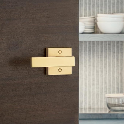 Kwikset Singapore Dummy Door Handle, Single Sided Lever for Closets, French Double Doors, and Pantry, Satin Brass Non-Turning Reversible Interior Push/Pull Lever, with Microban Protection