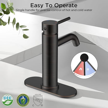 FORIOUS Bathroom Faucet 1 Hole, Single Handle Vainty Sink Faucets Bronze | for 1 or 3 Hole 4 Inch Centerset Sink, with Pop-up Drain, NSF61 Certificate, for Rv Commercial Lavatory Restroom Basin