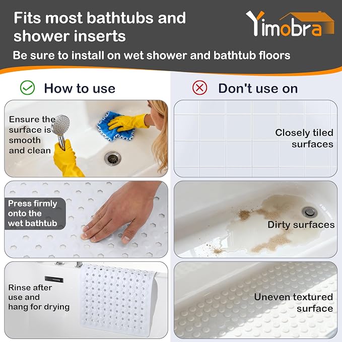 Yimobra Bathtub Mat Non Slip, 34.5"X15.5" Long Shower Mat for Inside Shower, Machine Washable Bath Mat with Drain Holes & Strong Suction Cups, Soft on Feet, Bathroom Essentials, White