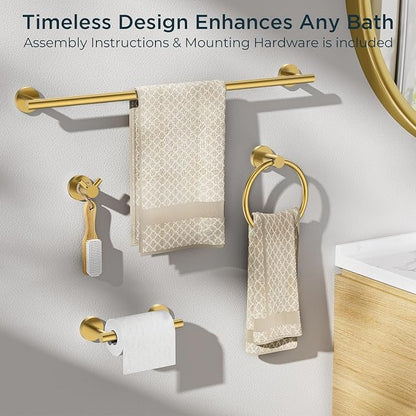 FORIOUS Bathroom Accessories, 4-Piece Bathroom Hardware Set - 18" Towel Bar | Brushed Gold | Towel Hooks, Towel Racks for Bathroom, Toilet Paper Holder Wall Mounted & Towel Ring | SUS304 Stainless Steel