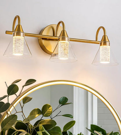 WILON Bathroom Vanity Light, 3-Light LED Vanity Light Fixtures Over Mirror | Gold Bathroom Light Fixtures with 5 Color Modes 2700K-6500K, Crystal Column