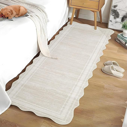 GarveeHome Washable 2x8 Runner Rug for Entryway,Scalloped Bathrooom Rugs Stain-Resistant Easy-Clean Kitchen Rugs with Non-Slip Backing Low Pile Floor Mat Perfect for High-Traffic Areas,Ivory White