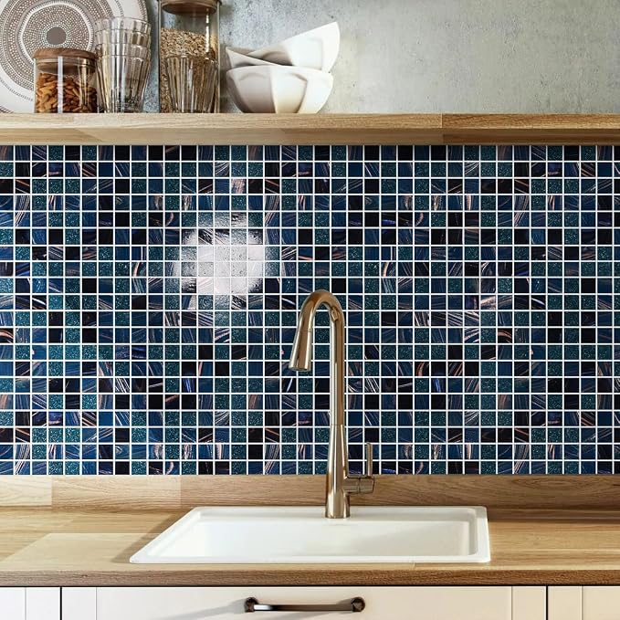 11.5 sq.ft Blue Glass Mosaic Tile for Bathroom, Pool, Kitchen Backsplash | Waterproof Wall & Floor Tile. Heat & frost resistant outdoors. Mesh-mounted easy install. Easy clean. 10pcs. Indigo Blue.