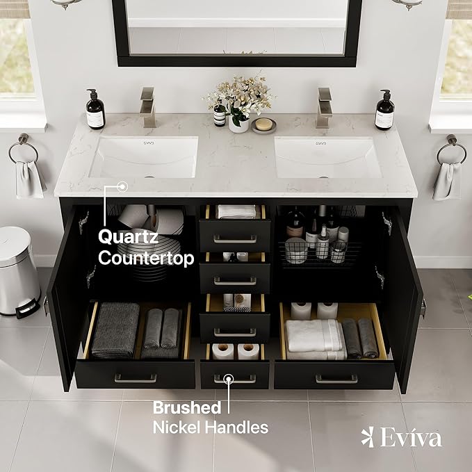 Eviva London 48 x 18 inch Espresso Transitional Double Sink Bathroom Vanity with White Carrara Quartz Countertop and Undermount Porcelain Sinks