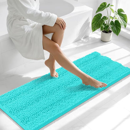 Smiry Thick Chenille Bathroom Runner Rugs 44x24, Absorbent Bath Mat, Teal | Quick‑Dry & Machine Washable, Non‑Slip Bath Carpet, Soft Striped Bath Rugs for Tub & Shower, Modern Home Decor Accessories