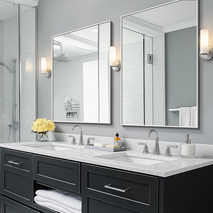 Bathroom Vanity Mirror for Wall 2Pack 36"x24" Bathroom Mirror for Over Sink | HD Shatterproof Glass, Rectangular Metal Frame, Horizontally or Vertically, Mirror for Bathroom, Living Room, Entryway,Silver