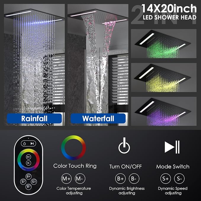 ENGA Shower System with Body Jets, 2 In 1 Functions Ceiling Mount 14x20inch LED Shower Head with 4 Body Jets, Rainfall Waterfall Shower Faucet Set, Matte Black
