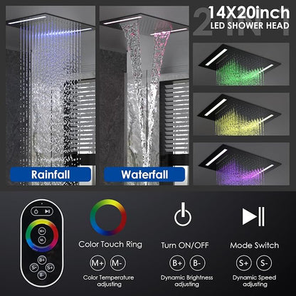 ENGA Dual Rain Shower Head System, 2 In 1 Functions Ceiling Mount 14x20inch LED Shower Head with 6 Inch Shower Head, Rainfall Waterfall Shower Faucet Set, Matte Black