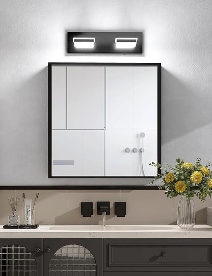 VOLISUN Modern Bathroom Vanity Light Fixtures (2-Light, 15.5-Inch), Matte Black LED Bathroom Lighting Fixtures Over Mirror, 360°Rotatable Head, LED Vanity Lights for Bathroom (Cool White 6000K)