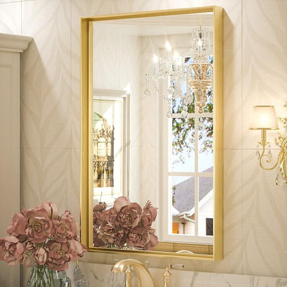 Keonjinn 24x36 Inch Gold Bathroom Mirror for Over Sink, Rectangular | HD Tempered Glass, Vanity Mirror, Brushed Framed, Square Corner, Modern Farmhouse, Wall Mounted Mirrors, Aluminum Alloy