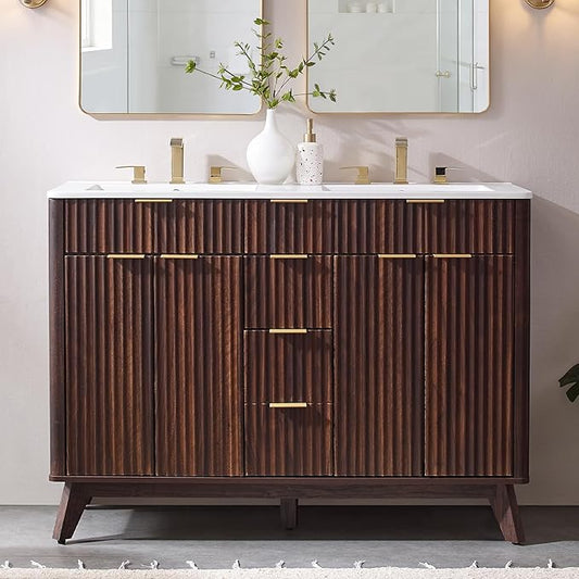 T4TREAM 48" Fluted Bathroom Vanity with Resin Sink Combo，Freestanding Modern Bathroom Storage Vanity Cabinet with Soft Closing Doors & 2 Drawers，Wood Grain Texture，Metal Handle，Dark Walnut