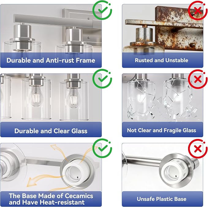 Hasipu 4-Light Bathroom Light Fixtures, Vanity Light with Clear Glass Shade, Bathroom Lighting Fixtures Over Mirror for Kitchen Living Room Hallway Cabinet Porch