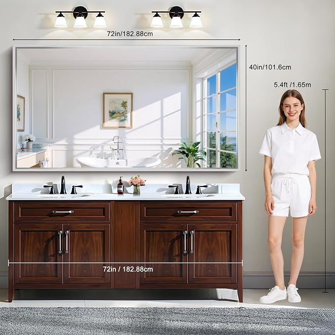 CIRCUMI 72"x40" Brushed Silver Bathroom Mirror, Double Sink Vanity Mirror | Chunky Box Metal Frame, Shatterproof, Tempered Glass, Bathroom Remodel&New Home, Large Rectangular Mirror for Living Room