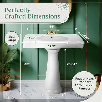 Renovators Supply Manufacturing Darbyshire 34"W x 22.5" D x 32" H Large Bathroom Pedestal Sink. Vitreous China with Overflow, 4 in. Centerset Faucets