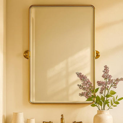 TEHOME 20x30'' Pivot Rectangle Bathroom Vanity Mirror Brushed Gold Rounded Corner Metal Framed Tilting Beveled Vanity Wall Mirrors