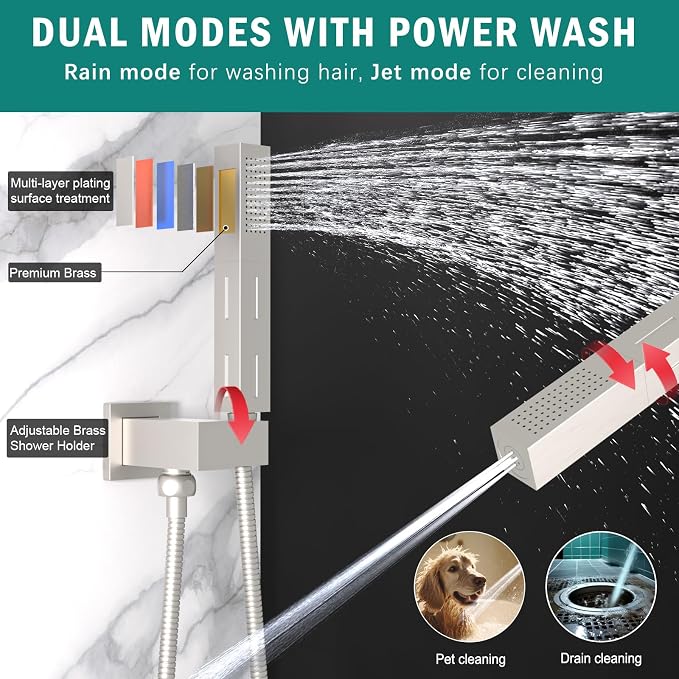 ENGA Dual Shower Head System with Tub Spout, Ceiling Mount 12 Inch Shower Head with 6 Inch Wall Mount Shower Head Shower Faucet Set, Brushed Nickel