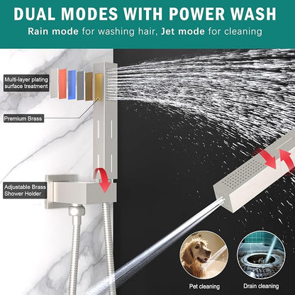 ENGA Dual Shower Head System with Tub Spout, Ceiling Mount 12 Inch Shower Head with 6 Inch Wall Mount Shower Head Shower Faucet Set, Brushed Nickel