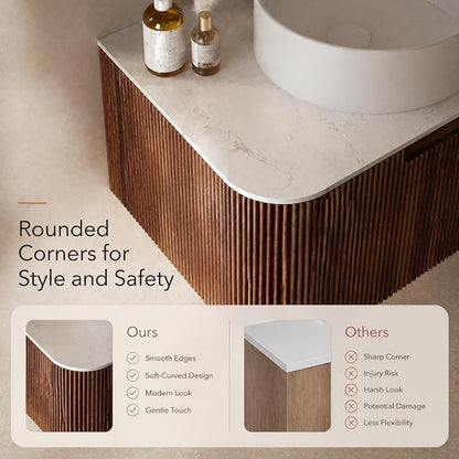 36 Inch Bathroom Vanity with Sink, Floating Wall Mounted Single Sink Vanity, Dark Walnut Curved Fluted Front, Stone Top, Pure White Round Vessel Basin, Pre-Assembled