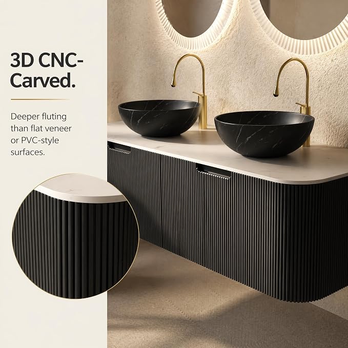60 Inch Double Sink Bathroom Vanity, Floating Wall Mounted Cabinet, Black Curved Fluted Front, Stone Top, Dual Black Marble Vessel Basins, Pre-Assembled