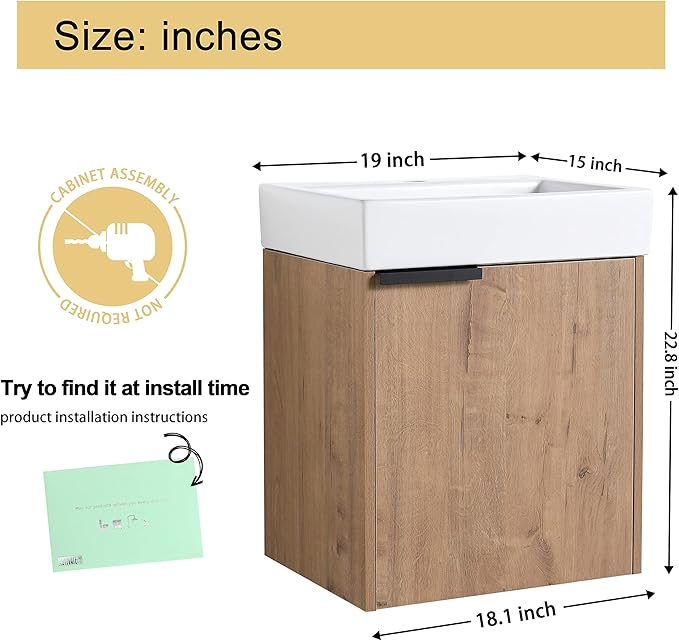 Malwee 18" Floating Bathroom Vanity with Sink, 18 Inch Single Sink Wall Mounted Bathroom Vanity, with 1 Door and White Ceramic Basin Top, Modern Bath Wall-hung Storage Cabinet for Small Space (015-18)