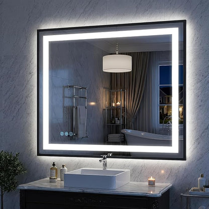 Antok 30X36 LED Bathroom Mirror with Lights, Vanity Mirror for Wall with Black Frame, Touch Control, Anti-Fog, Dimmable Lights, Shatter-Proof, Memory Function, Wall-Mounted Vanity Mirrors