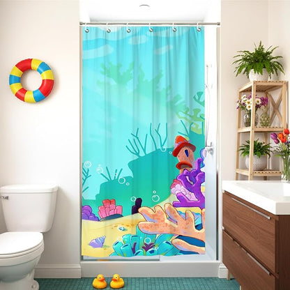 Cartoon Turquoise Underwater Coral Kids Shower Curtain Set 36x72 Inches | Cartoon Underwater Coral Print, Cute Beach Decor for Boys and Girls, Ideal for Kids Stall Bathroom & Housewarming Gift