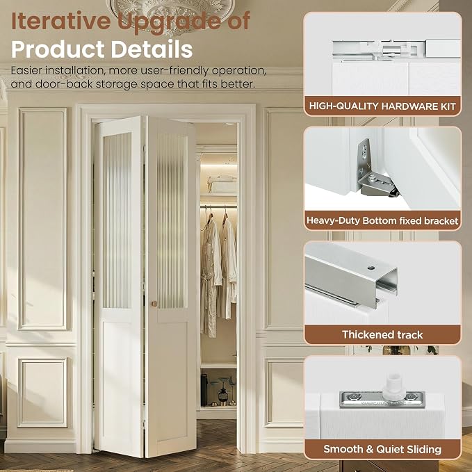 SMARTSTANDARD 24" x 80" Reeded Glass Bifold Closet Doors, Preassembled, MDF | Water-Proof PVC Surface, Half Tempered Glass with Hardware Kit, White Interior Slab for Kitchen, Closet, Pantry, White