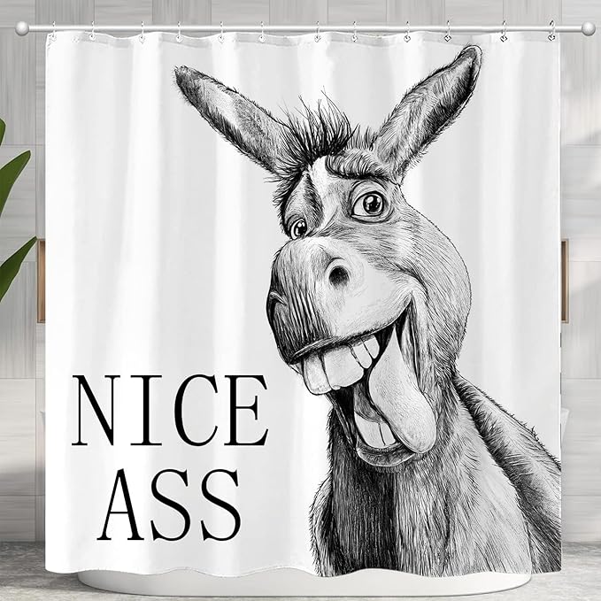 Funny Donkey Shower Curtain Rustic Farmhouse Shower Curtains for Bathroom Black and White Fun Cute Animal Wildlife Waterproof Fabric Bath Curtain Decor 72 X 72 Inch