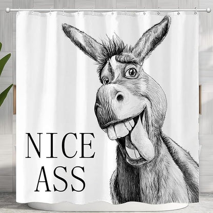 Funny Donkey Shower Curtain Rustic Farmhouse Shower Curtains for Bathroom Black and White Fun Cute Animal Wildlife Waterproof Fabric Bath Curtain Decor 72 X 72 Inch