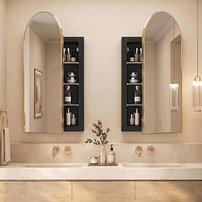 Recessed Medicine Cabinet Mirror,Brushed Gold Arched Bathroom Medicine Cabinet with Mirror,Metal Edge Mirrored Medicine Cabinets for Bathroom,in Wall Mirrored Cabinets with Storage 16x31