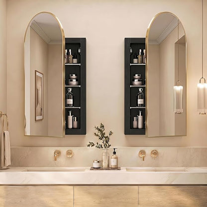 Recessed Medicine Cabinet Mirror,Brushed Gold Arched Bathroom Medicine Cabinet with Mirror,Metal Edge Mirrored Medicine Cabinets for Bathroom,in Wall Mirrored Cabinets with Storage 16x31