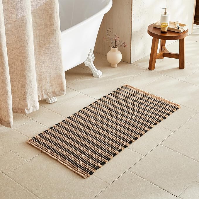 TYUU Waffle Bath Mat, Boho Bathroom Rugs Non Slip, 48x24 Black & Khaki | Super Absorbent Quick Dry Bath Rug, Non-Slip Backing, Soft Waffle Washable Farmhouse Bathroom Mats, Tub, Shower & Home Decor