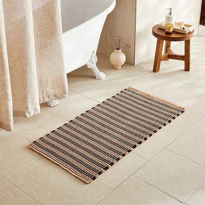 TYUU Waffle Bath Mat, Boho Bathroom Rugs Non Slip, 48x24 Black & Khaki | Super Absorbent Quick Dry Bath Rug, Non-Slip Backing, Soft Waffle Washable Farmhouse Bathroom Mats, Tub, Shower & Home Decor
