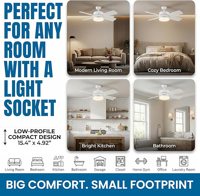 SOCKET BREEZE 15.4" Socket Fan Light Celing Fan with Remote Control | 1000 Lumens, 3 Speed & Light Modes, Portable Easy to Install Ceiling Fans Replacement for Bedroom, Bathroom, Living Room