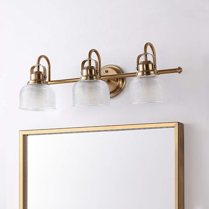 JONATHAN Y 25.25" Brass Gold Modern Bathroom Vanity Light, 3-Light LED Wall Sconce, Clear Glass Bell Shade for Mirror Hallway Kitchen, ETL Listed, LED Bulb Included (JYL7409B)