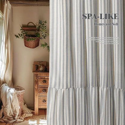 Farmhouse Shower Curtain Ruffle Linen Cream-Grey Stripe 72"W x 84"L | Farmhouse Boho, Striped, Bottom Ruffle, Linen Fabric, Rustic, Country, Natural Look, Washable, for Bathroom Bathtub