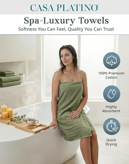 Casa Platino Towel Set for Bathroom 12 Piece Soft Absorbent - Oil Green | Shower Towels - Oversized & Roomy, Lightweight & Breathable, Fade-Resistant Color, Classic Terry Weave, Densely Woven
