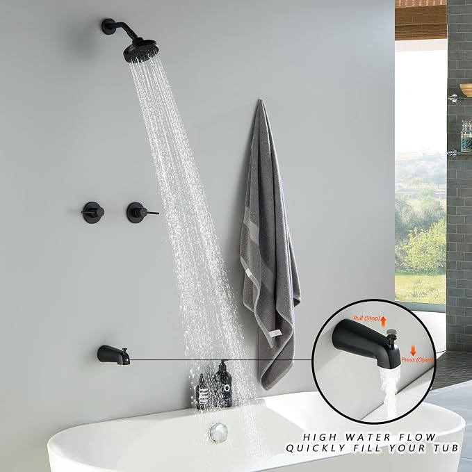 2 Handle Shower Faucet Set with Tub Spout Matte Black Two Handles Shower Faucet Set Bathtub Shower Faucet Combo, Wall Mount