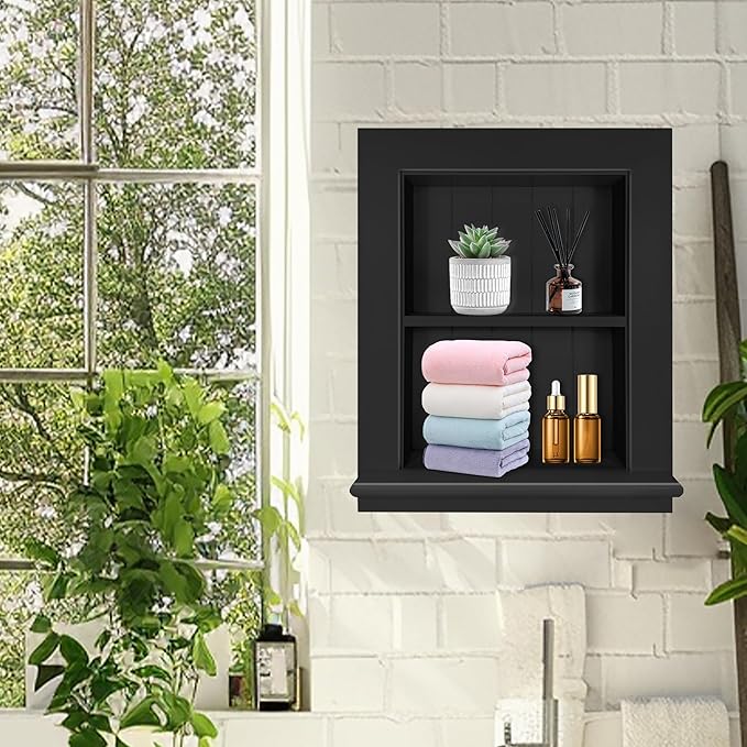 Royxen Recessed Medicine Cabinet 13.8 x 17.8 Inch, Medicine Cabinets, Large Medicine Cabinet, 2-Tier Bathroom Cabinets Wall Mount for Home Storage, Black