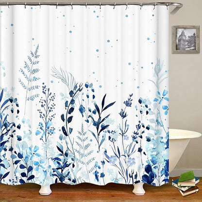 Botanical Shower Curtain - Blue, Waterproof with 12 Hooks (72" x 72")