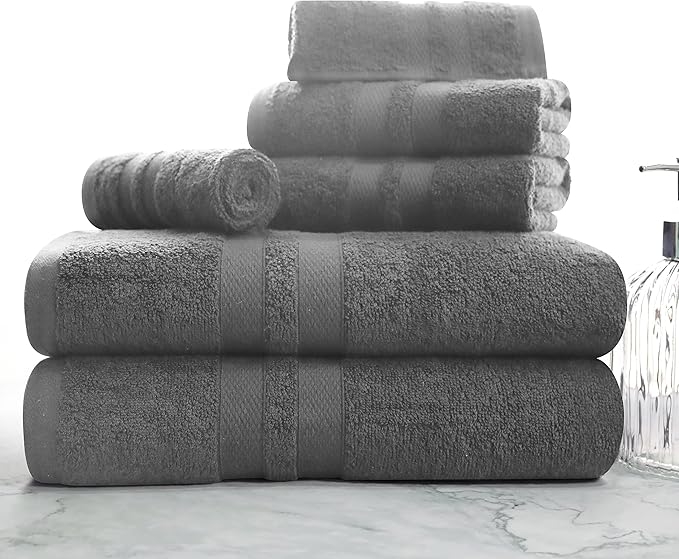 Superior Ultra-Soft 6-Piece Cotton Towel Set, Includes 2 Bath Towels, 2 Hand Towels, and 2 Washcloths for Bathroom, Guest Room, Quick Dry, Daily Use Home Essential Towels - Charcoal