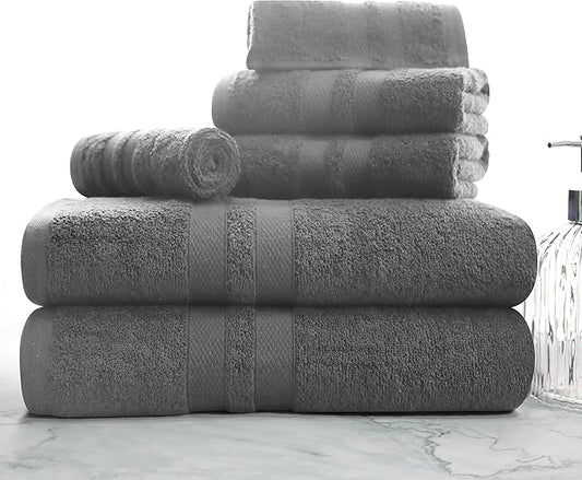 Superior Ultra-Soft 6-Piece Cotton Towel Set, Includes 2 Bath Towels, 2 Hand Towels, and 2 Washcloths for Bathroom, Guest Room, Quick Dry, Daily Use Home Essential Towels - Charcoal