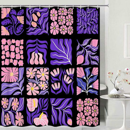 JAWO Retro Patchwork Floral Shower Curtain, Mid - Century Modern Boho Bathroom Decor with Pink and Purple Botanical Patterns, Waterproof Fabric Shower Curtain Sets with Hooks, 70X70IN