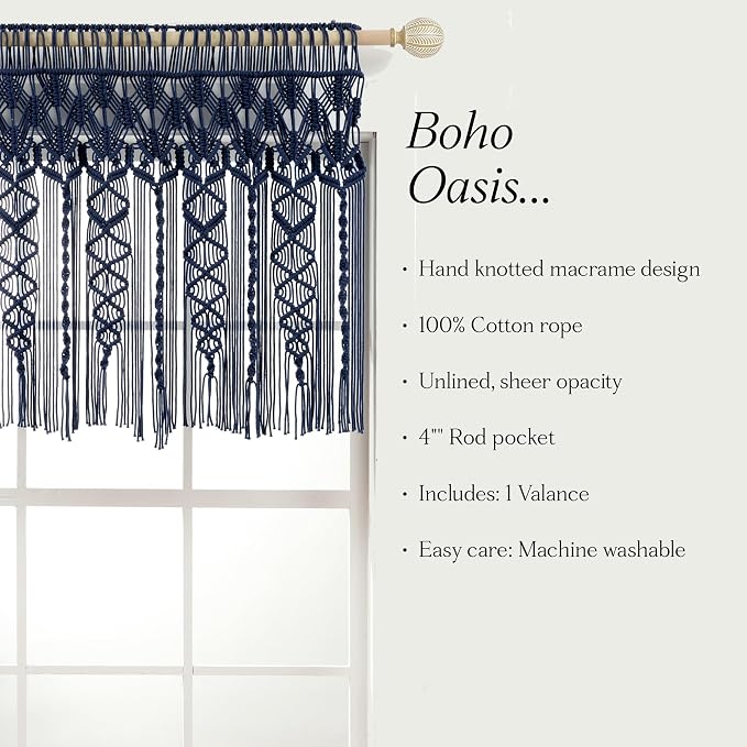 Lush Decor Boho Macrame Textured Cotton Valance, 40" W x 30" L, Navy - Boho Kitchen Curtains & Wall Decor - Macrame Valance - Bathroom Window Curtains