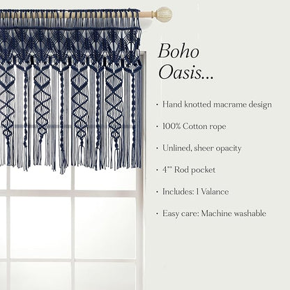 Lush Decor Boho Macrame Textured Cotton Valance, 40" W x 30" L, Navy - Boho Kitchen Curtains & Wall Decor - Macrame Valance - Bathroom Window Curtains