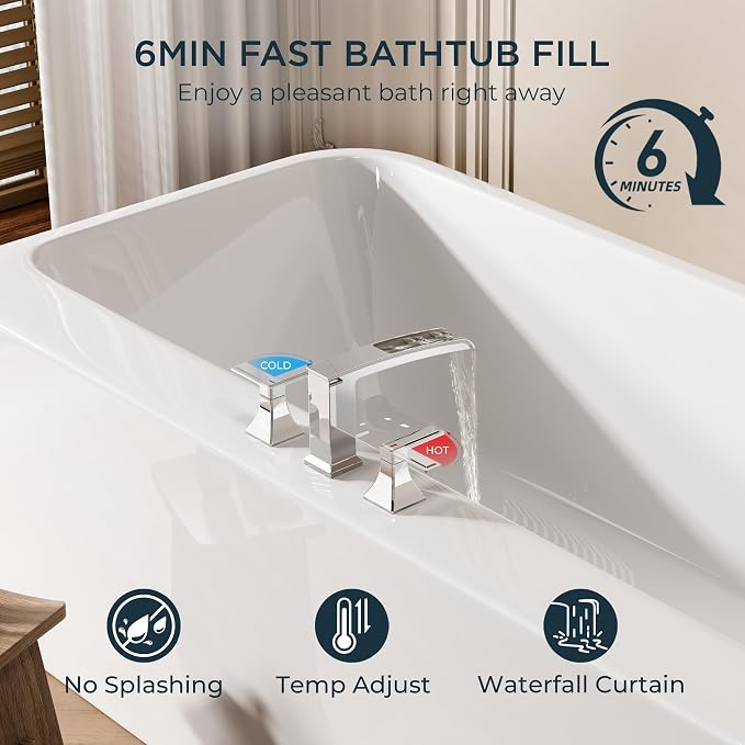 FORIOUS Roman Bathtub Faucet 3 Hole Deck Mount with 2 Handle Chrome | Tub Faucet for 3-Hole Set, 6-12" Centered Distance, Widespread Garden Bath Tub, Waterfall Spout, High Flow, Brass