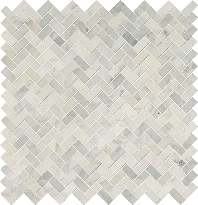MSI Arabescato Carrara Herringbone Honed Marble Tile for Kitchen Backsplash, Wall Tile for Bathroom, Accent Wall Tile, and Shower Wall Tile, 11.63 in. X 11.63 in. Mesh-Mounted Mosaic Tile