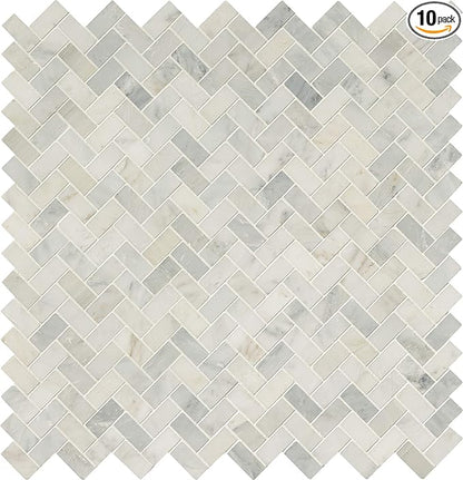 MSI Arabescato Carrara Herringbone Honed Marble Tile for Kitchen Backsplash, Wall Tile for Bathroom, Accent Wall Tile, and Shower Wall Tile, 11.63 in. X 11.63 in. Mesh-Mounted Mosaic Tile