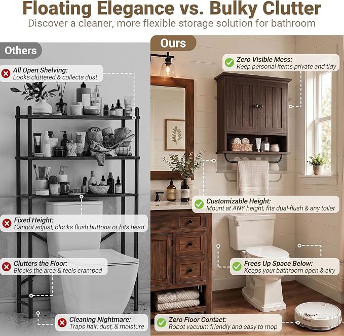 Besiost Farmhouse Bathroom Wall Medicine Cabinet with Removable Towel Bar | Over Toilet Storage Organizer, 7.9" Slim Profile, 100 Lbs Capacity, Adjustable Shelf, Soft Close Hinges Door, Black Walnut